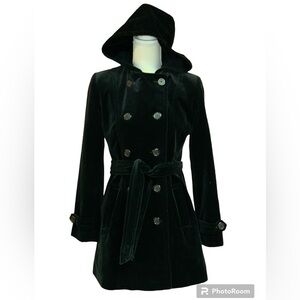 J Percy Velour Black Double Breasted Hooded Belted Dress Coat Pockets Small